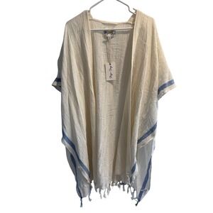 Swimsuit Cream Blue Stripe Kimono Cardigan Cover Up Fringe NWT Beach Resort Wear